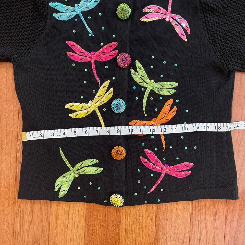 DESIGN OPTIONS Philip‎ & Jane Gordon Black Cardigan Sweater Sequin Dragonfly VTG - Picture 10 of 12